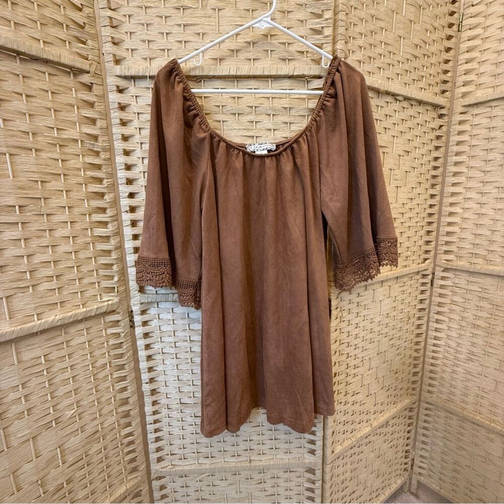Flying Tomato Faux Suede Brown Embroidered Sleeves Loose fit  Mini Dress Small - Picture 3 of 9